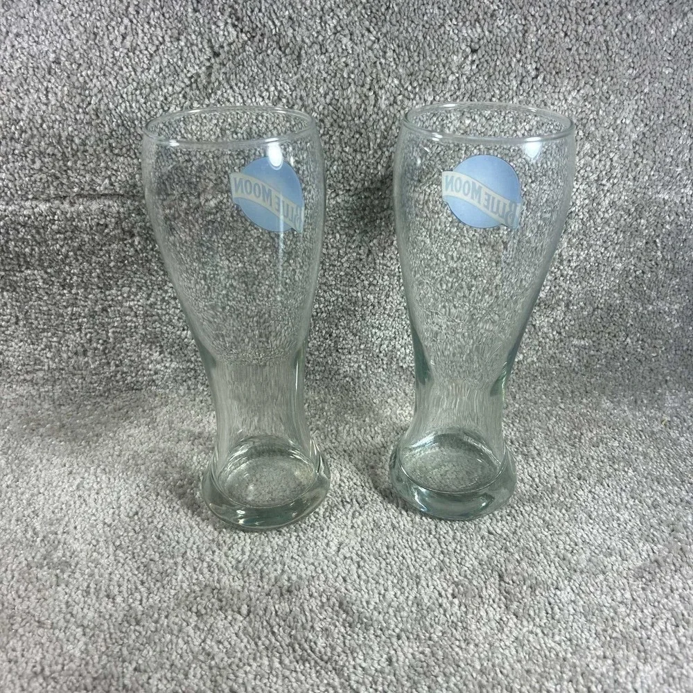 Blue Moon Beer Pilsner Glasses Clear Logo Barware Set of 2 8.25in